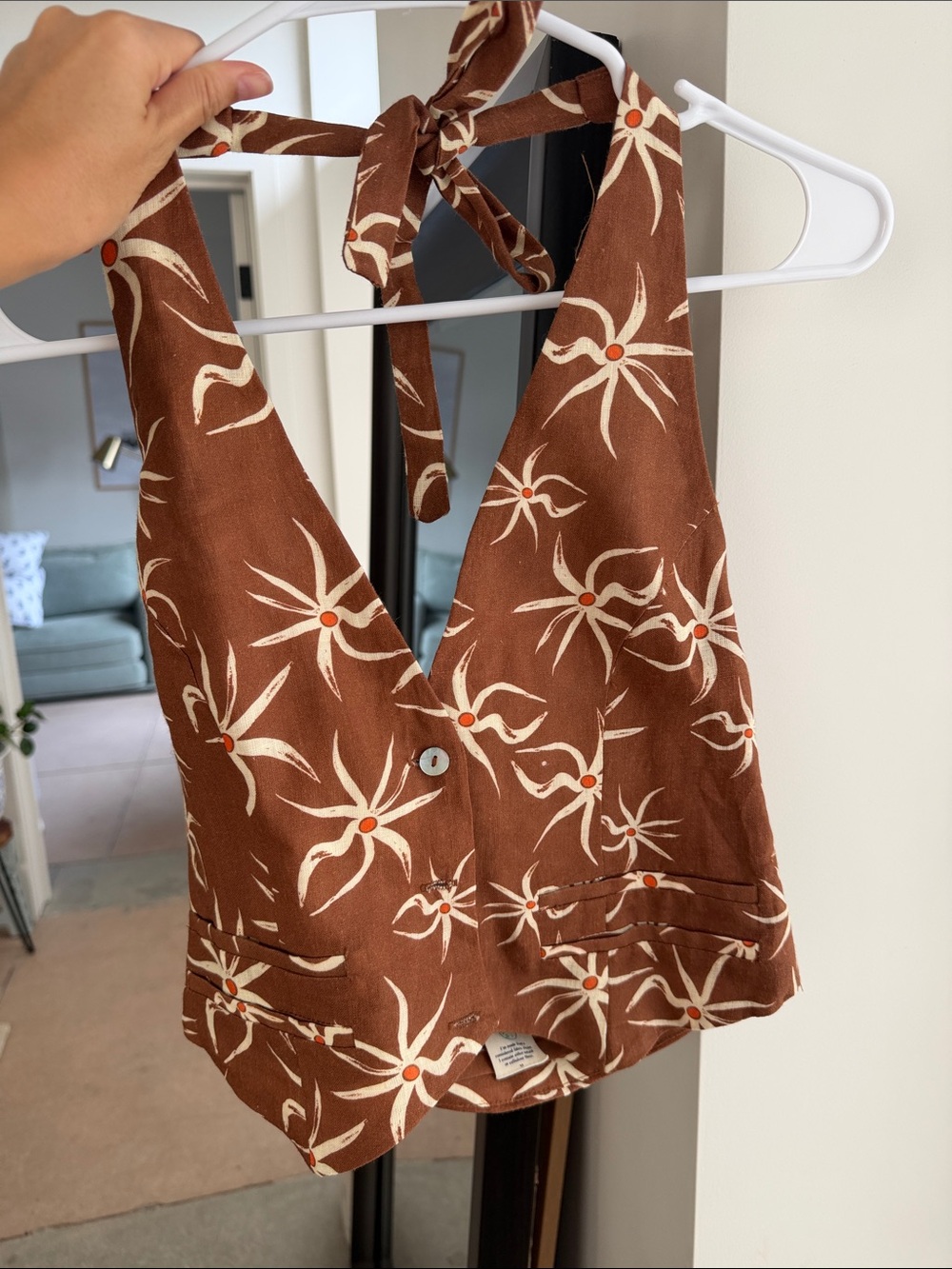 Brown Floral Halter Crop Top with Tie Neck